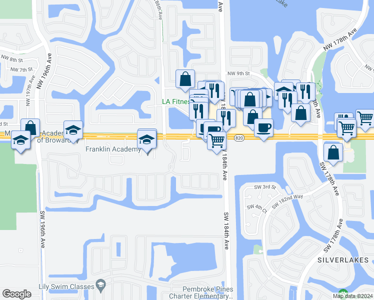 map of restaurants, bars, coffee shops, grocery stores, and more near 150 Southwest 185th Terrace in Pembroke Pines