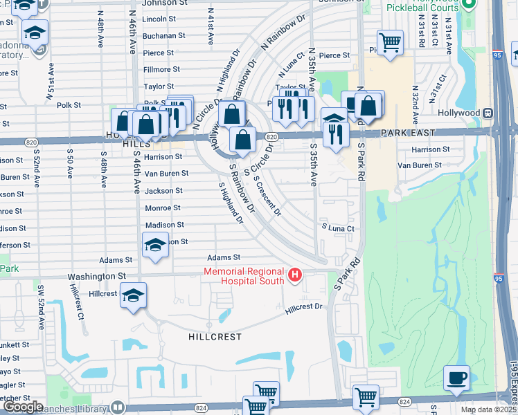 map of restaurants, bars, coffee shops, grocery stores, and more near 521 South Rainbow Drive in Hollywood
