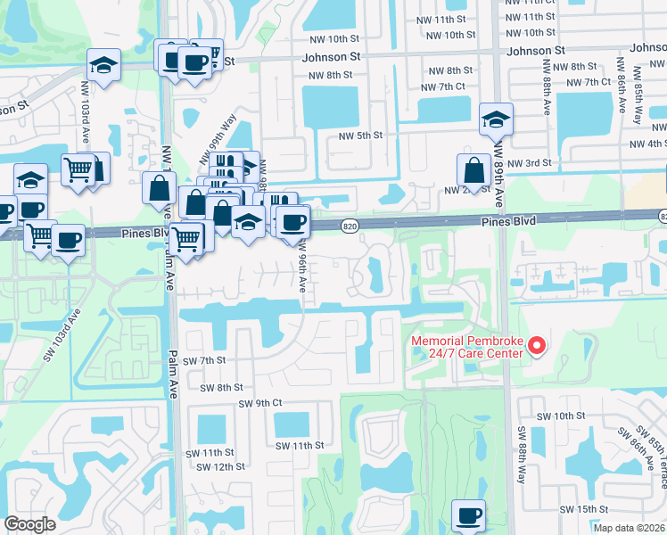 map of restaurants, bars, coffee shops, grocery stores, and more near 9470 Palm Circle in Pembroke Pines