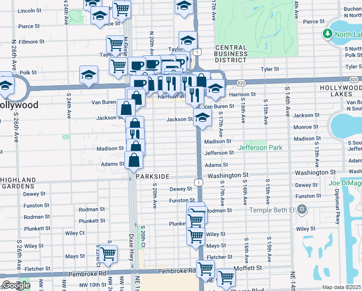 map of restaurants, bars, coffee shops, grocery stores, and more near 1848 Madison Street in Hollywood