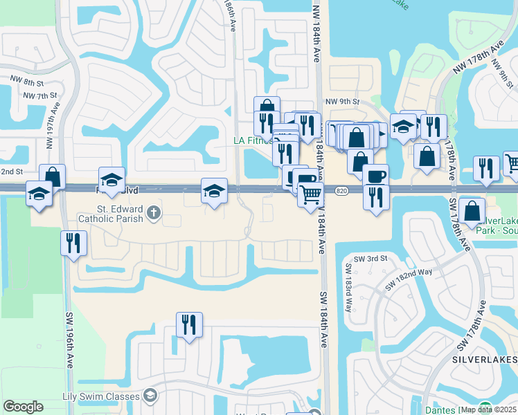 map of restaurants, bars, coffee shops, grocery stores, and more near 156 Southwest 185th Way in Pembroke Pines