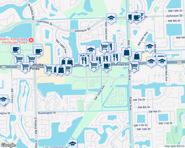 map of restaurants, bars, coffee shops, grocery stores, and more near 10402 Pines Boulevard in Pembroke Pines