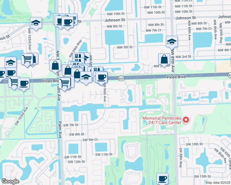 map of restaurants, bars, coffee shops, grocery stores, and more near 9496 Palm Circle in Pembroke Pines