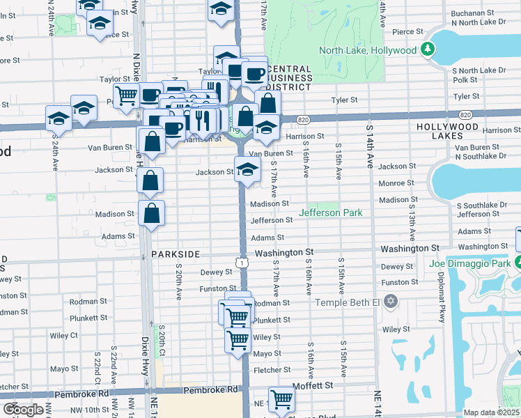 map of restaurants, bars, coffee shops, grocery stores, and more near 1726 Madison Street in Hollywood