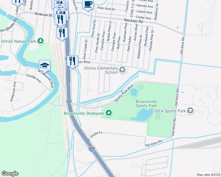 map of restaurants, bars, coffee shops, grocery stores, and more near 7024 Blue Spruce Street in Brownsville