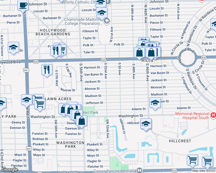 map of restaurants, bars, coffee shops, grocery stores, and more near 5200 Jackson Street in Hollywood