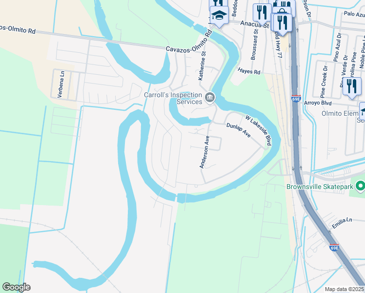 map of restaurants, bars, coffee shops, grocery stores, and more near 6139 West Lakeside Boulevard in Olmito