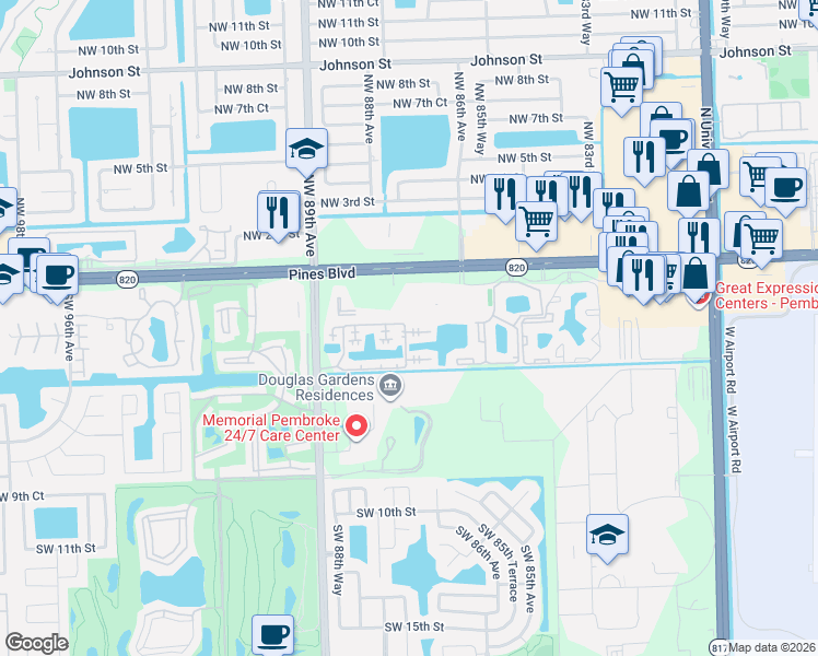 map of restaurants, bars, coffee shops, grocery stores, and more near 8630 Southwest 3rd Street in Pembroke Pines