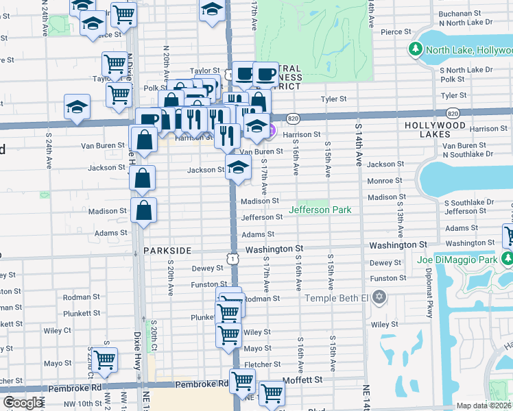 map of restaurants, bars, coffee shops, grocery stores, and more near 1726 Madison Street in Hollywood