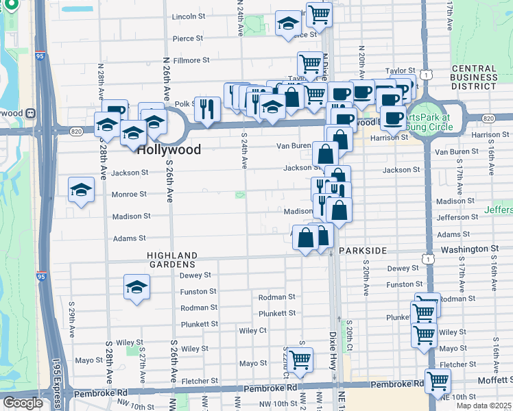 map of restaurants, bars, coffee shops, grocery stores, and more near 515 South 24th Avenue in Hollywood