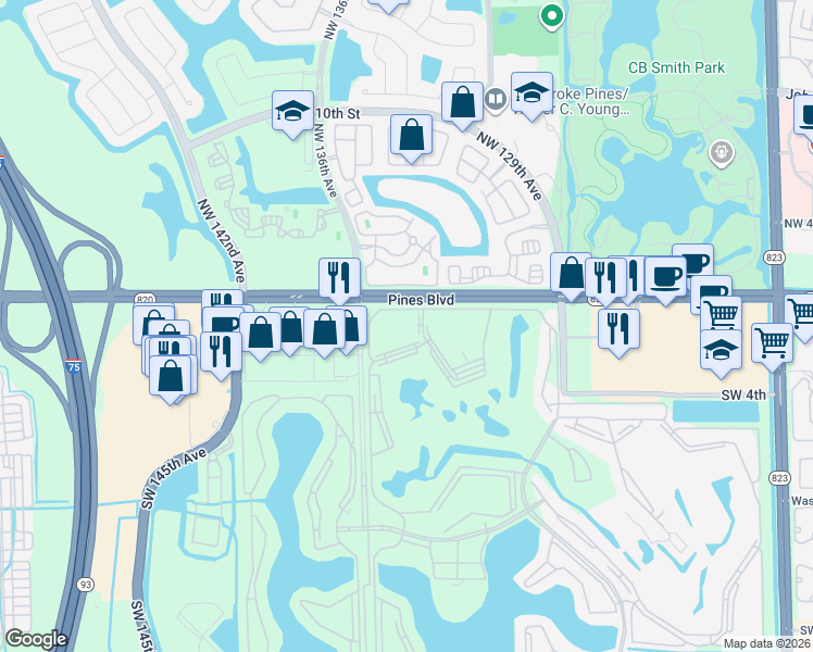 map of restaurants, bars, coffee shops, grocery stores, and more near 150 Southwest 134th Way in Pembroke Pines