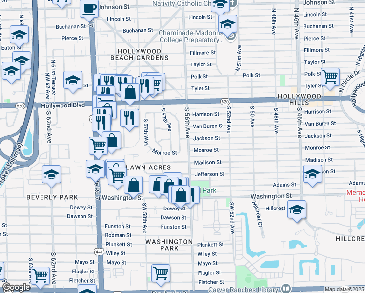 map of restaurants, bars, coffee shops, grocery stores, and more near 411 South 56th Terrace in Hollywood
