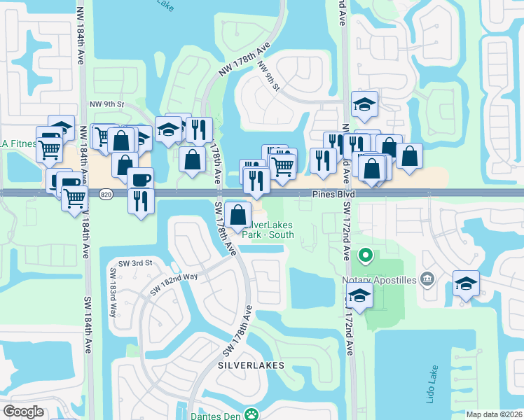 map of restaurants, bars, coffee shops, grocery stores, and more near 14502 Southwest 2nd Street in Pembroke Pines