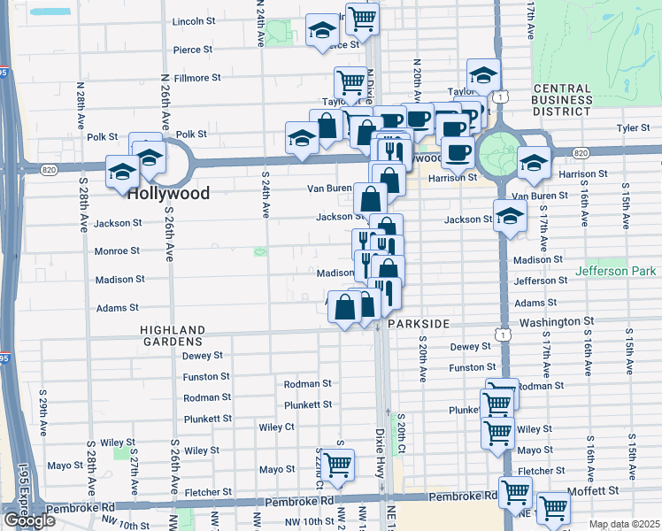 map of restaurants, bars, coffee shops, grocery stores, and more near 2143 Monroe Terrace in Hollywood
