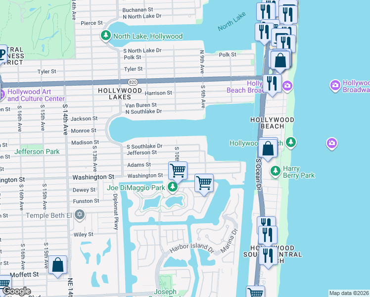 map of restaurants, bars, coffee shops, grocery stores, and more near 930 South South Lake Drive in Hollywood