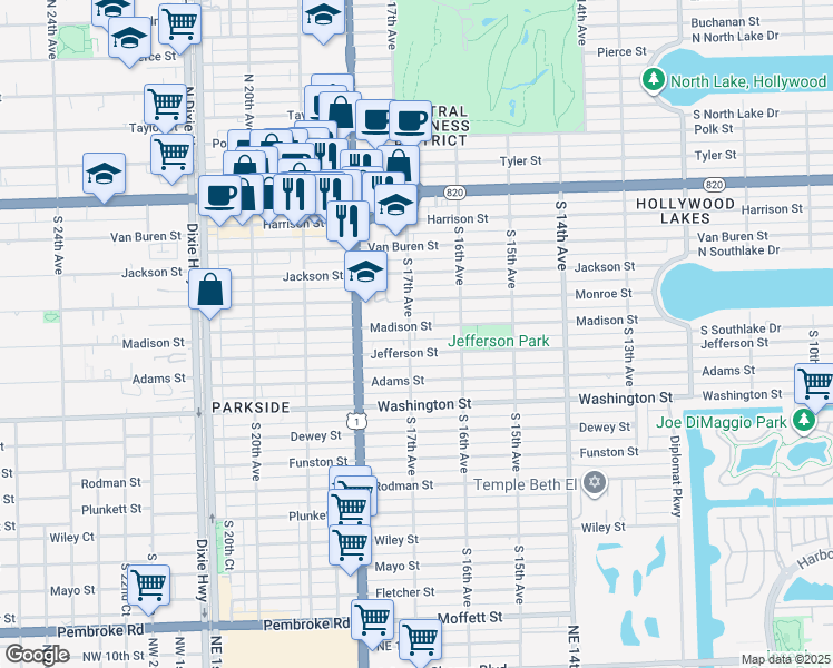 map of restaurants, bars, coffee shops, grocery stores, and more near 1653 Madison Street in Hollywood