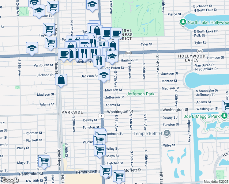 map of restaurants, bars, coffee shops, grocery stores, and more near 1653 Madison Street in Hollywood