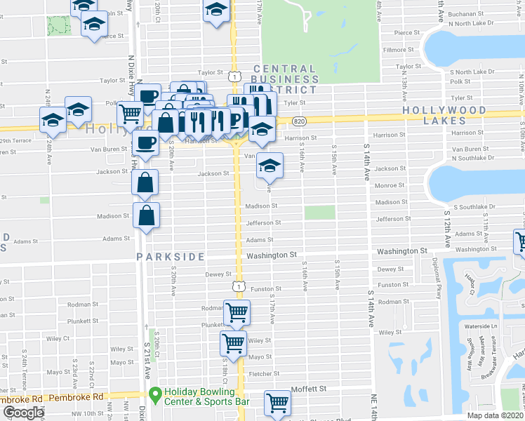 map of restaurants, bars, coffee shops, grocery stores, and more near 1726 Madison Street in Hollywood