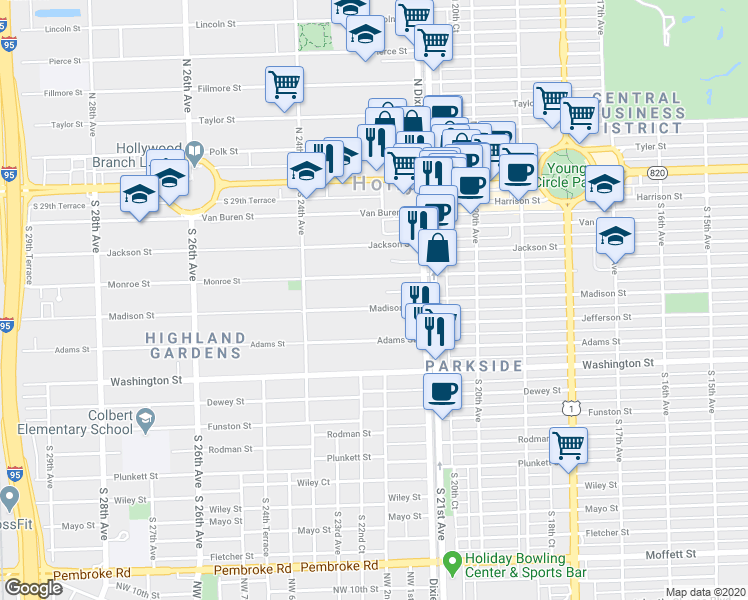 map of restaurants, bars, coffee shops, grocery stores, and more near 2143 Monroe Terrace in Hollywood