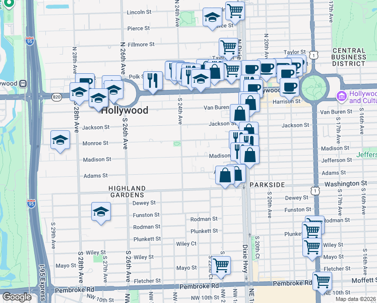 map of restaurants, bars, coffee shops, grocery stores, and more near 515 South 24th Avenue in Hollywood