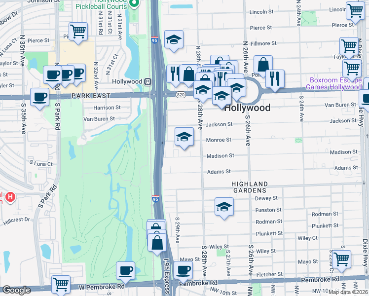 map of restaurants, bars, coffee shops, grocery stores, and more near 2836 Monroe Street in Hollywood