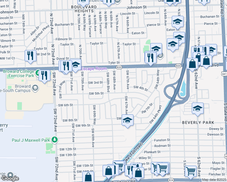 map of restaurants, bars, coffee shops, grocery stores, and more near 325 Southwest 68th Avenue in Pembroke Pines