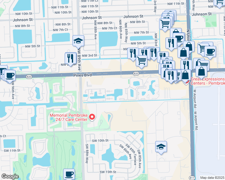 map of restaurants, bars, coffee shops, grocery stores, and more near 333 Southwest 86th Avenue in Pembroke Pines