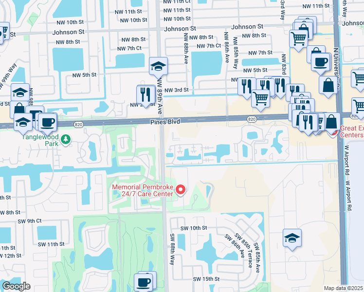 map of restaurants, bars, coffee shops, grocery stores, and more near Southwest 3rd Street in Pembroke Pines