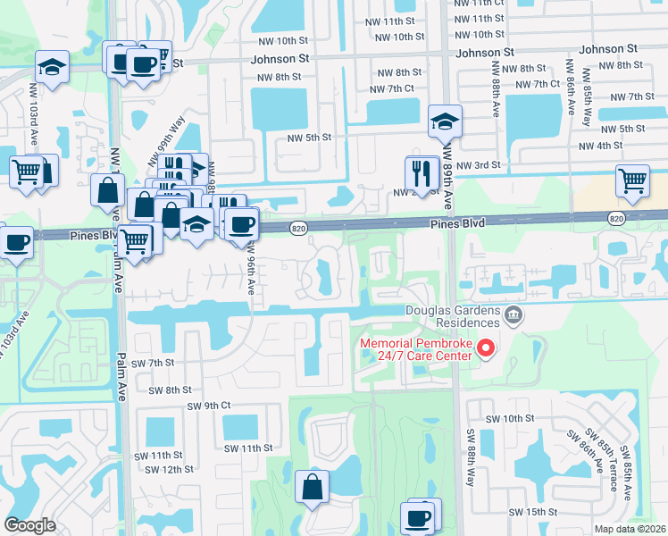 map of restaurants, bars, coffee shops, grocery stores, and more near 202 Palm Circle East in Pembroke Pines