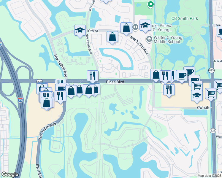 map of restaurants, bars, coffee shops, grocery stores, and more near 150 Southwest 134th Way in Pembroke Pines