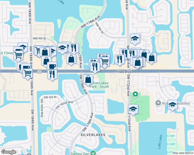 map of restaurants, bars, coffee shops, grocery stores, and more near 17720 Pines Boulevard in Pembroke Pines