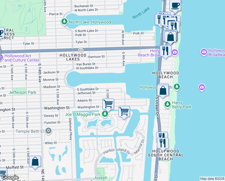 map of restaurants, bars, coffee shops, grocery stores, and more near 930 South South Lake Drive in Hollywood