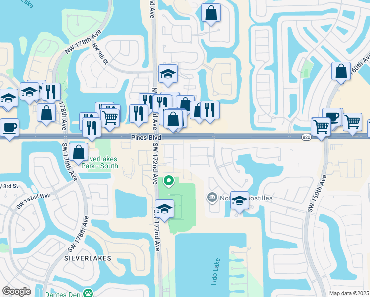map of restaurants, bars, coffee shops, grocery stores, and more near 102 Southwest 169th Avenue in Pembroke Pines
