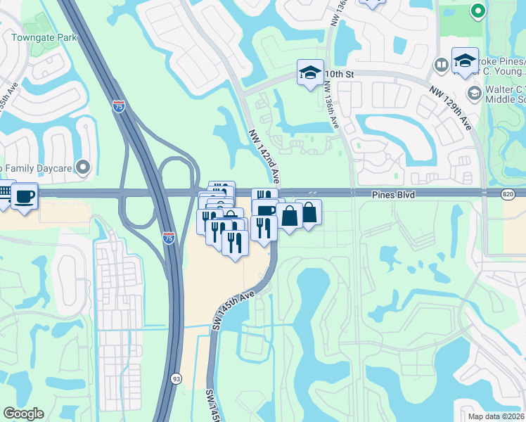 map of restaurants, bars, coffee shops, grocery stores, and more near 14502 Southwest 2nd Street in Pembroke Pines