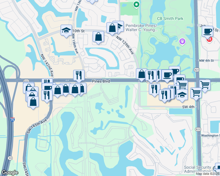 map of restaurants, bars, coffee shops, grocery stores, and more near 13350 Southwest 1st Street in Pembroke Pines