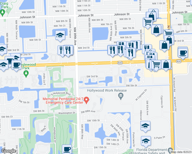 map of restaurants, bars, coffee shops, grocery stores, and more near 8630 Southwest 3rd Street in Pembroke Pines