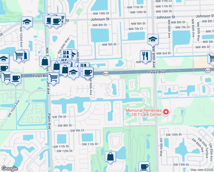 map of restaurants, bars, coffee shops, grocery stores, and more near 250 Southwest 1st Court in Pembroke Pines