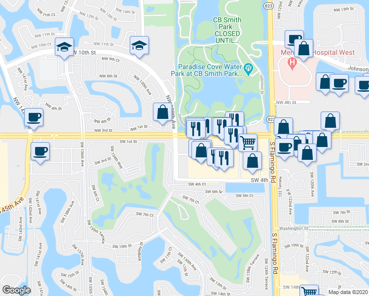 map of restaurants, bars, coffee shops, grocery stores, and more near 12638 Pines Boulevard in Pembroke Pines
