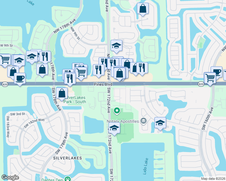 map of restaurants, bars, coffee shops, grocery stores, and more near in Pembroke Pines