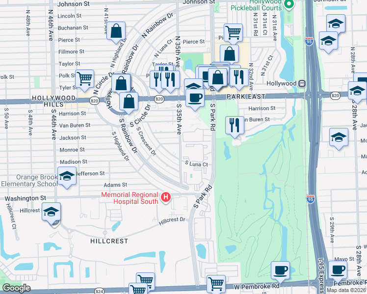 map of restaurants, bars, coffee shops, grocery stores, and more near 570 South Park Road in Hollywood