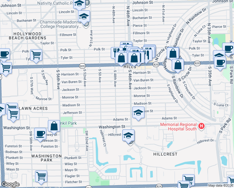 map of restaurants, bars, coffee shops, grocery stores, and more near 4725 Monroe Street in Hollywood