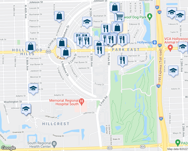 map of restaurants, bars, coffee shops, grocery stores, and more near 570 South Park Road in Hollywood