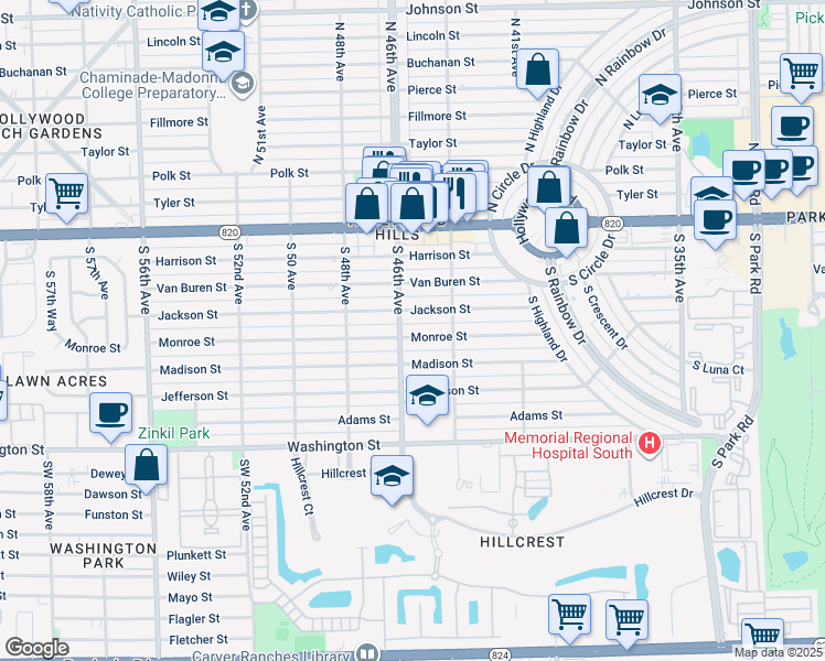 map of restaurants, bars, coffee shops, grocery stores, and more near 4509 Monroe Street in Hollywood