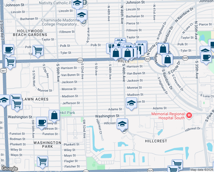 map of restaurants, bars, coffee shops, grocery stores, and more near 4725 Monroe Street in Hollywood