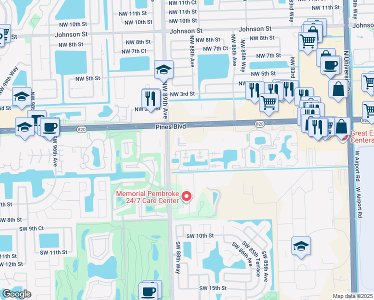 map of restaurants, bars, coffee shops, grocery stores, and more near Southwest 3rd Street in Pembroke Pines