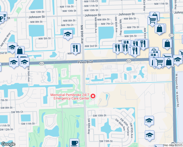 map of restaurants, bars, coffee shops, grocery stores, and more near Southwest 3rd Street in Pembroke Pines
