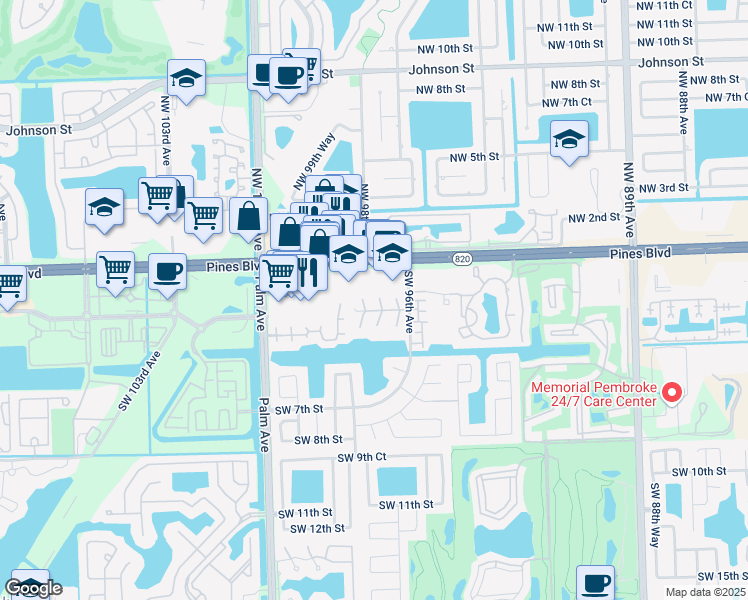 map of restaurants, bars, coffee shops, grocery stores, and more near 100 Southwest 97th Terrace in Pembroke Pines