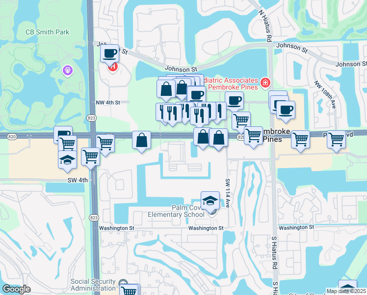map of restaurants, bars, coffee shops, grocery stores, and more near 101 Southwest 117th Avenue in Pembroke Pines