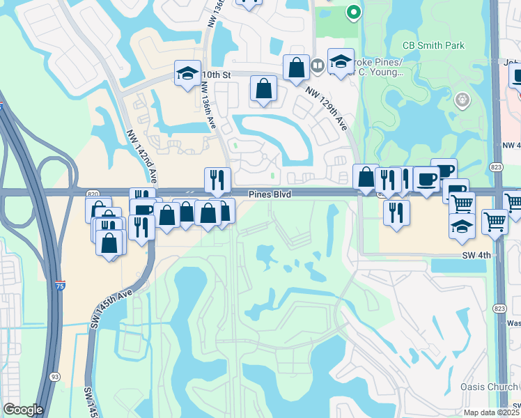 map of restaurants, bars, coffee shops, grocery stores, and more near 150 Southwest 134th Way in Pembroke Pines