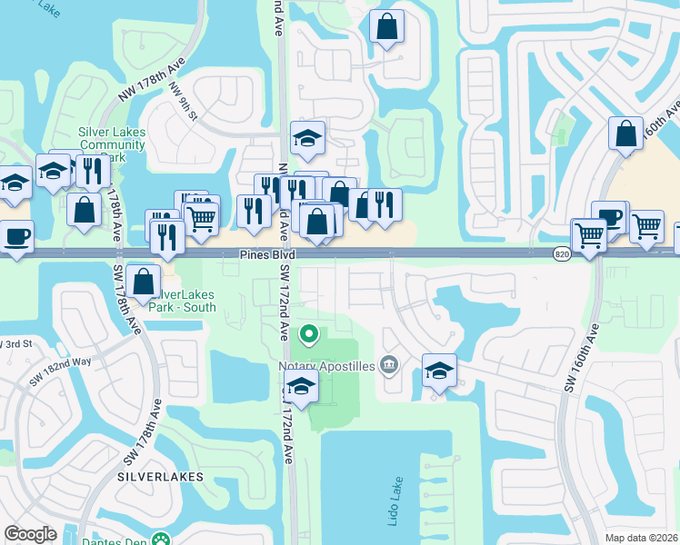 map of restaurants, bars, coffee shops, grocery stores, and more near 102 Southwest 169th Avenue in Pembroke Pines